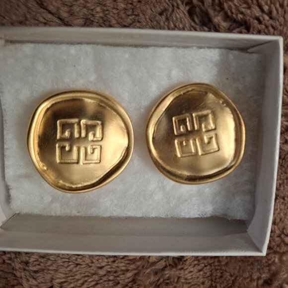Vintage Givenchy Clip On Earrings 4G Logo Satin Gold Irregular Circle Signed - Picture 1 of 3